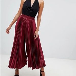 Ruby Red Satin Accordion Pleated Pants